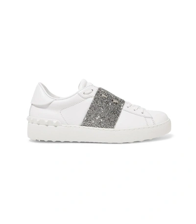 Shop Valentino White Crystal Embellished Leather Sneakers
