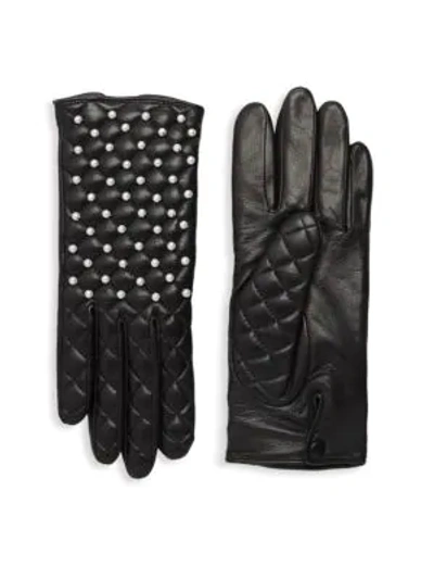 Shop Agnelle Chloe Quilted Leather Pearl Gloves In Black