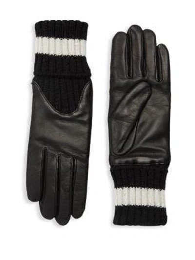 Shop Agnelle Cecelia Sport Leather Knit Gloves In Black White