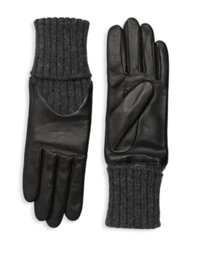 Shop Agnelle Cecelia Leather Knit Gloves In Black Grey