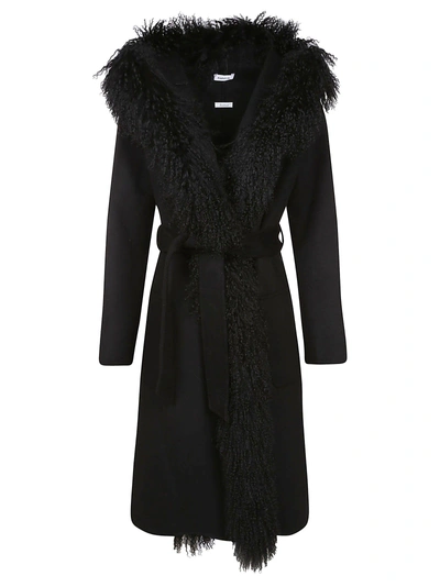 Shop P.a.r.o.s.h Fur Trim Belted Coat In Black