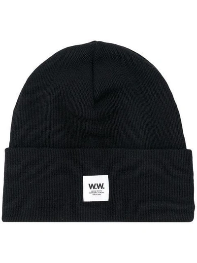 Shop Wood Wood Ribbed Logo Patch Beanie In Black