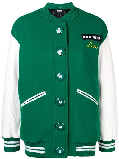 Shop Miu Miu Oversized Embroidered Logo Bomber Jacket In Green