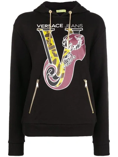 Shop Versace Jeans Logo Hooded Sweatshirt - Black