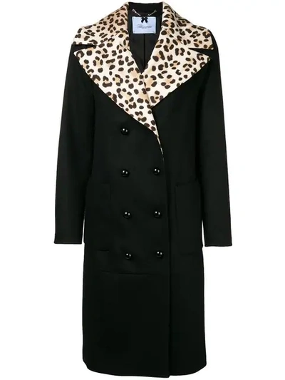 Shop Blumarine Leopard Print Collar Double Breasted Coat - Black