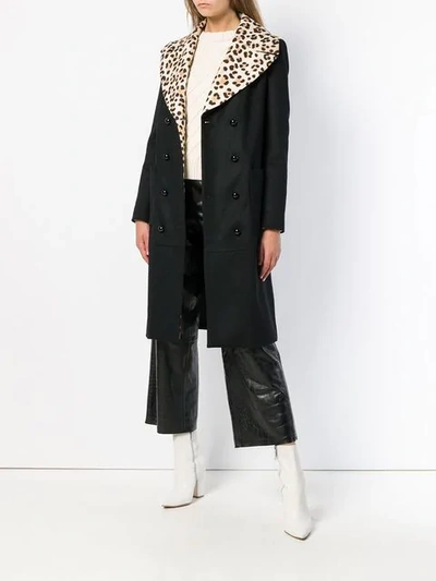 Shop Blumarine Leopard Print Collar Double Breasted Coat - Black