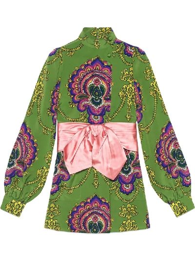 Shop Gucci 70s Graphic Print Shirt With Bow In Green