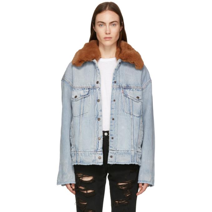 oversize faux shearling lined denim trucker jacket with removable faux fur collar