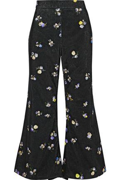 Shop Acne Studios Tyme Cropped Floral-print Cotton-corduroy Flared Pants In Black