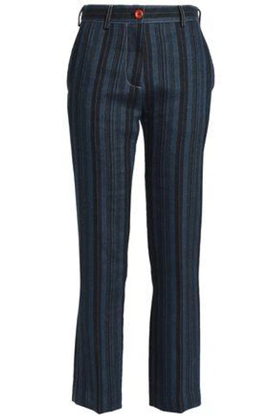 Shop Acne Studios Striped Wool, Linen And Cotton-blend Straight-leg Pants In Midnight Blue
