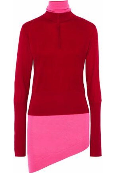 Shop Jw Anderson J.w.anderson Woman Asymmetric Layered Two-tone Wool-blend Turtleneck Sweater Crimson