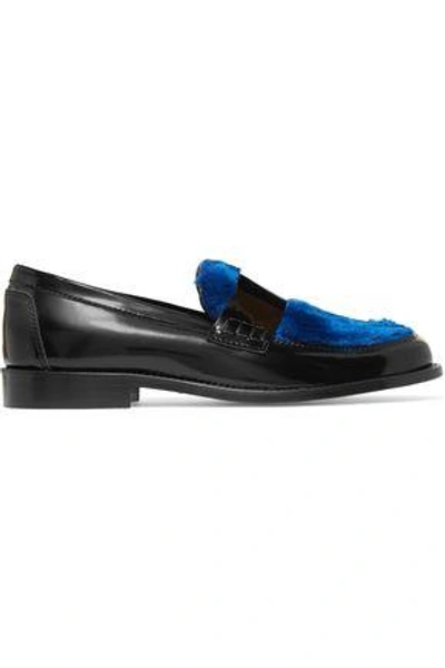 Shop Joshua Sanders Joshua*s Woman Last Dance Faux Fur-paneled Glossed-leather Loafers Black