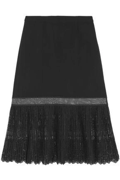 Shop Stella Mccartney Pleated Embroidered Tulle-paneled Crepe Skirt In Black