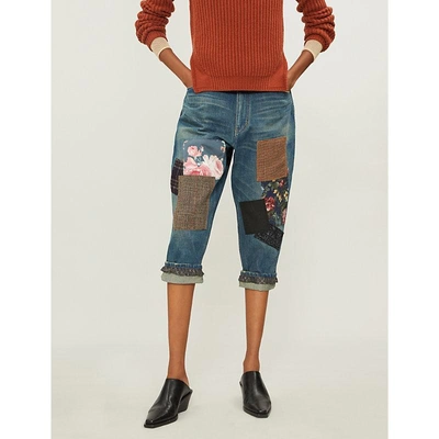 Shop Junya Watanabe Contrasting Patchwork Cropped Loose-fit High-rise Denim Jeans In Indigo Mix