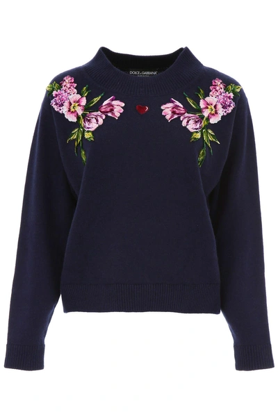 Shop Dolce & Gabbana Knit Pull With Rose Patches In Blublu