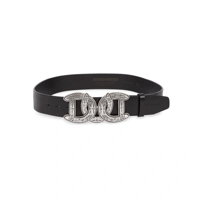 Shop Dsquared2 Double D Black Leather Belt In Silver