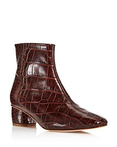 Shop Loq Women's Matea Almond Toe Croc-embossed Leather Mid Heel Booties In Bombón Brown