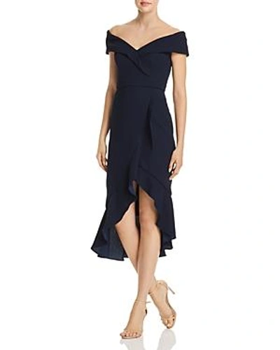 Shop Avery G Off-the-shoulder Ruffle Front Dress In Navy