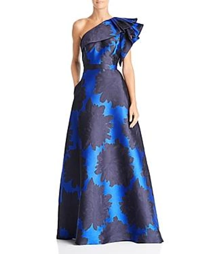 Shop Adrianna Papell Floral-jacquard One-shoulder Gown In Blue Multi