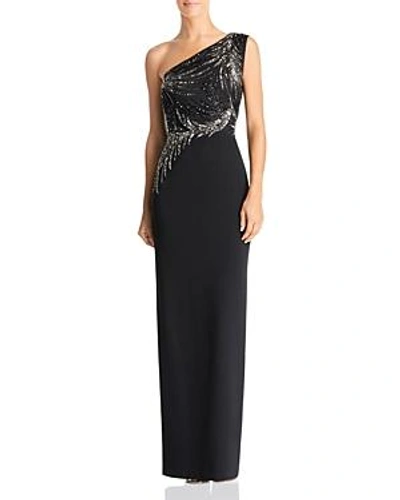 Shop Adrianna Papell Embellished One-shoulder Gown In Black Mercury