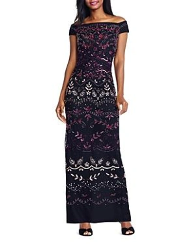 Shop Adrianna Papell Embellished Off-the-shoulder Gown In Rouge Multi