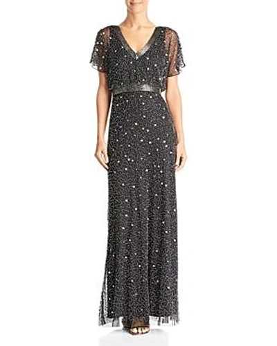 Shop Adrianna Papell Embellished Flutter-sleeve Gown In Black Mercury