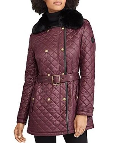 Shop Ralph Lauren Lauren  Faux Fur Trim Diamond-quilted Jacket In Burgundy