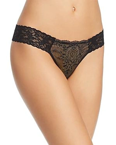 Shop Hanky Panky Low-rise Printed Lace Thong In Black/rose Gold