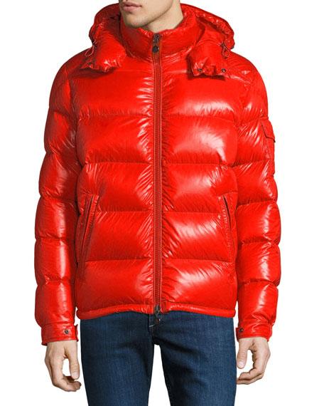 Moncler Men's Maya Shiny Down Puffer Jacket With Hood In Red | ModeSens