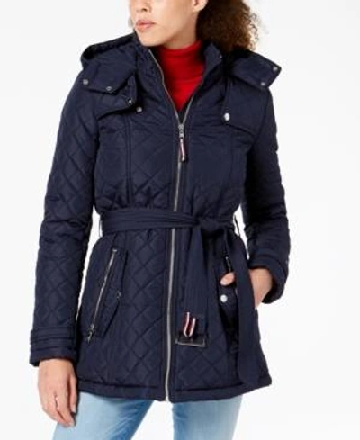 Shop Tommy Hilfiger Belted Quilted Coat In Navy