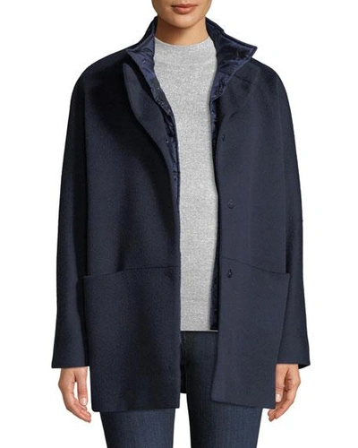 Shop Cinzia Rocca Button-front Wool Coat W/ Removable Nylon Bib In Blue