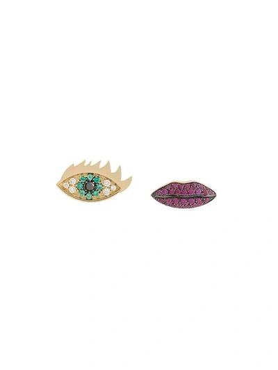 Shop Delfina Delettrez 18kt Yellow Gold, Diamond And Ruby Anatomik Eye And Lips Stud Earrings In Metallic