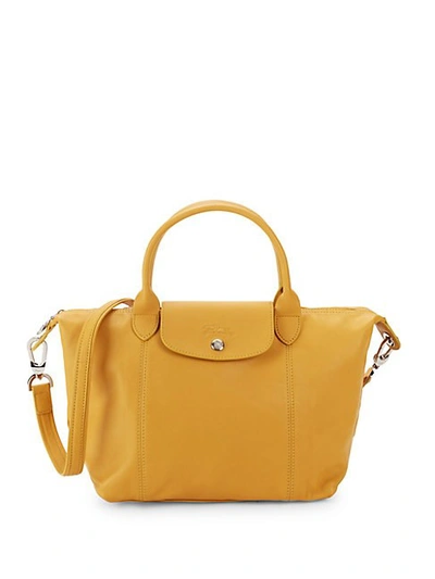 Shop Longchamp Small Le Pliage Cuir Leather Top Handle Bag In Sunshine