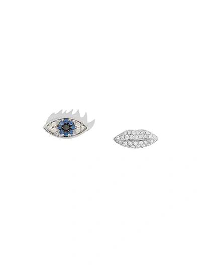 Shop Delfina Delettrez 18kt White Gold, Sapphire And Diamond Anatomik Eye & Lips Stud Earrings - Metallic