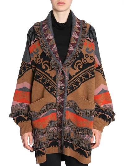 Shop Etro Jacquard Wool Coat In Marrone