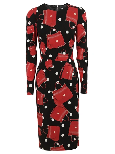 Shop Dolce & Gabbana Polka Dot Bag Print Dress In Black/red