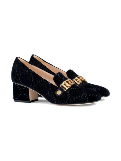 Shop Gucci Sylvie Gg Velvet Mid-heel Pumps In Black