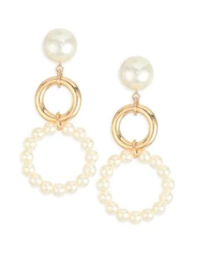 Shop Ettika Faux Pearl Double Hoop Earrings In Yellow Gold