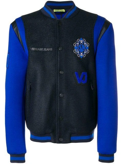 Shop Versace Jeans Patch Embellished Bomber Jacket In Blue