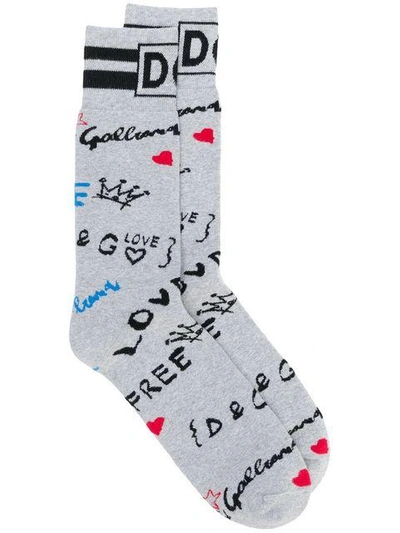 Shop Dolce & Gabbana Logo Graffiti Embroidered Socks - Grey