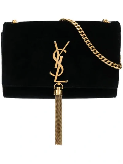 Shop Saint Laurent Small Kate Monogram Velvet Bag In Black