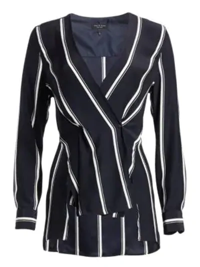 Shop Rag & Bone Debbie Silk Long-sleeve Striped Wrap Top In Navy Stripe