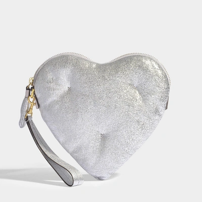 Shop Anya Hindmarch | Chubby Heart Clutch In Crinkled Metallic Silver Calfskin