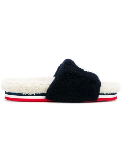 Shop Moncler Furry Slippers In Blue