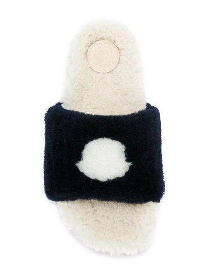 Shop Moncler Furry Slippers In Blue
