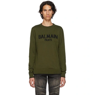 Shop Balmain Green Wool Logo Sweater In 1470kaknoir