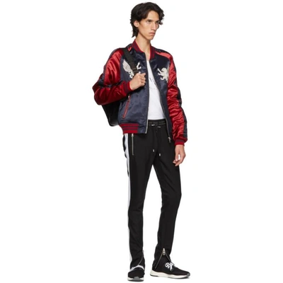 Shop Balmain Navy And Red Satin Bomber Jacket In 159 Marine