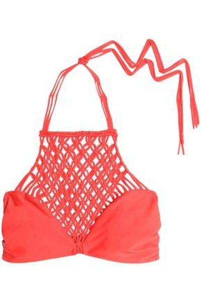 Shop Mikoh Woman Macramé-paneled Halterneck Bikini Top Bright Orange