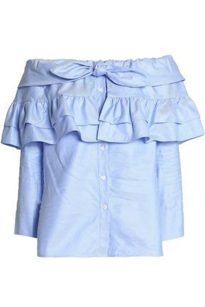 Shop Petersyn Woman Off-the-shoulder Bow-embellished Cotton-poplin Top Light Blue