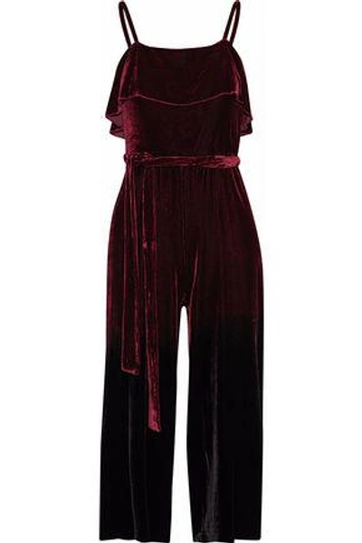 Shop Alice And Olivia Ally Cropped Ruffled Velvet Jumpsuit In Burgundy